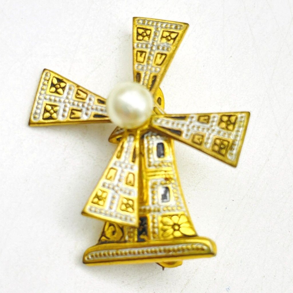 Spain Spinning Windmill Brooch Mixed Metal Tones Simulated Pearl Center Etched